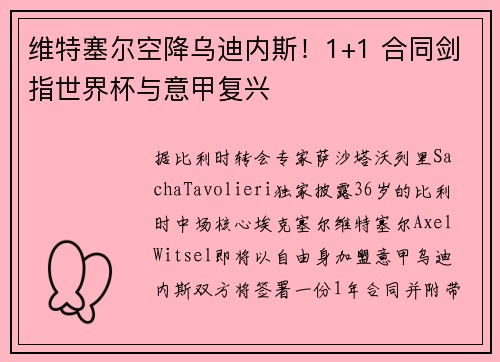 维特塞尔空降乌迪内斯！1+1 合同剑指世界杯与意甲复兴