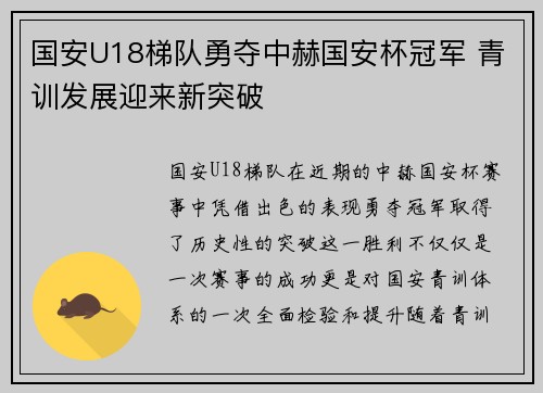 国安U18梯队勇夺中赫国安杯冠军 青训发展迎来新突破 国安U18梯队勇夺中赫国安杯冠军 青训发展迎来新突破