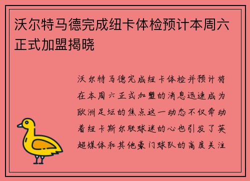 沃尔特马德完成纽卡体检预计本周六正式加盟揭晓 沃尔特马德完成纽卡体检预计本周六正式加盟揭晓
