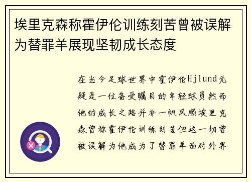 埃里克森称霍伊伦训练刻苦曾被误解为替罪羊展现坚韧成长态度